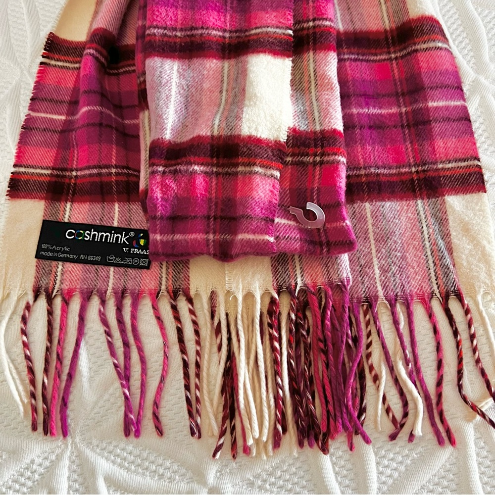 V. FRAAS Cashmink Pretty Pink Purple Plaid Wrap Scarf NEW! NWOT